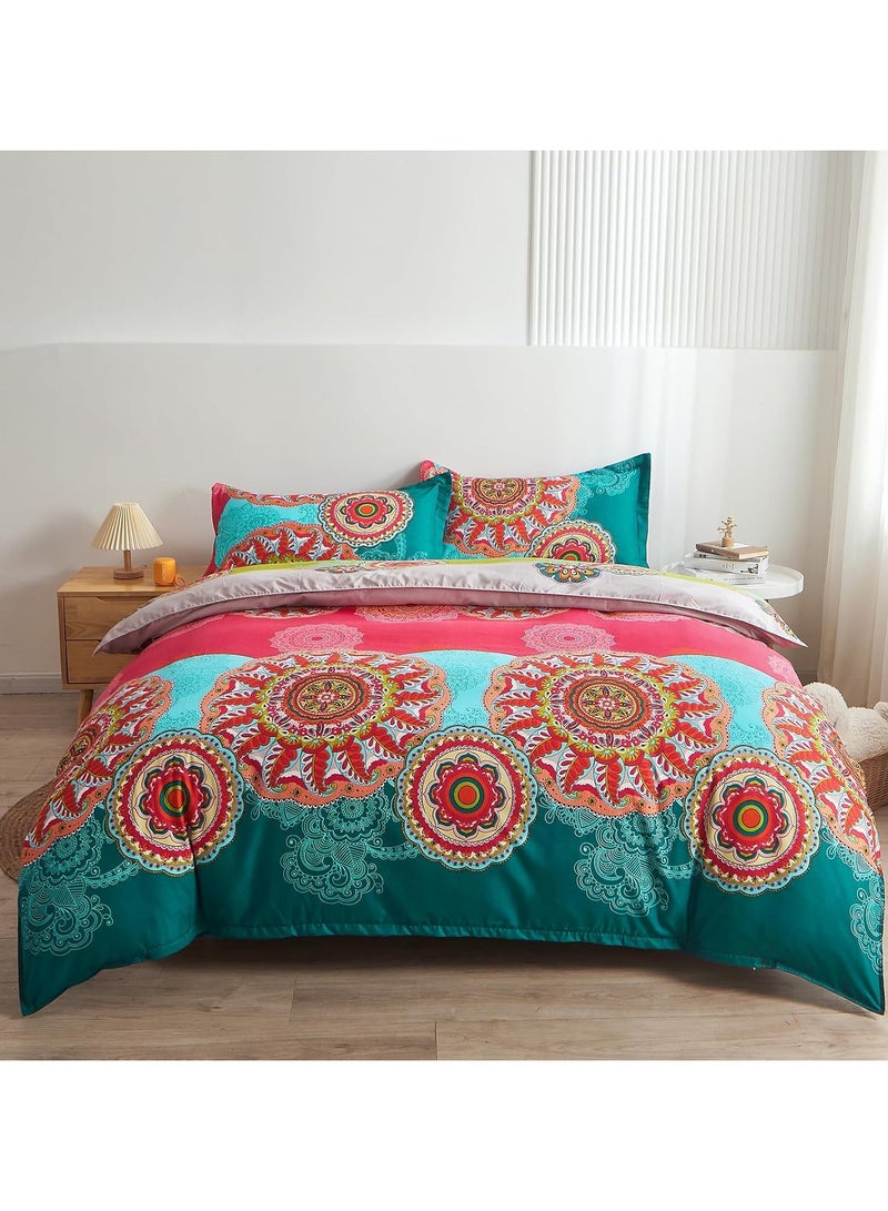 Pangzi Bohemian Duvet Cover Set Lightweight Microfiber Bedding Set Boho Floral Print Comforter Cover with Zipper Closure (Queen)  Rose Pink - Image 2