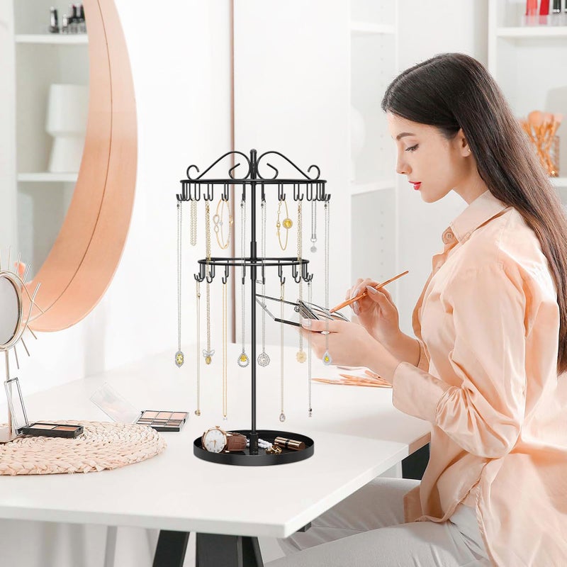 iDavosic.ly 2 Tier Rotating Necklace Organizer with Jewelry Tray, Adjustable Metal Necklace Holder with 42 Hooks, Extra Tall Bracelet Keychain Spinning Display Stand Tree Tower for Women, Black - Image 2