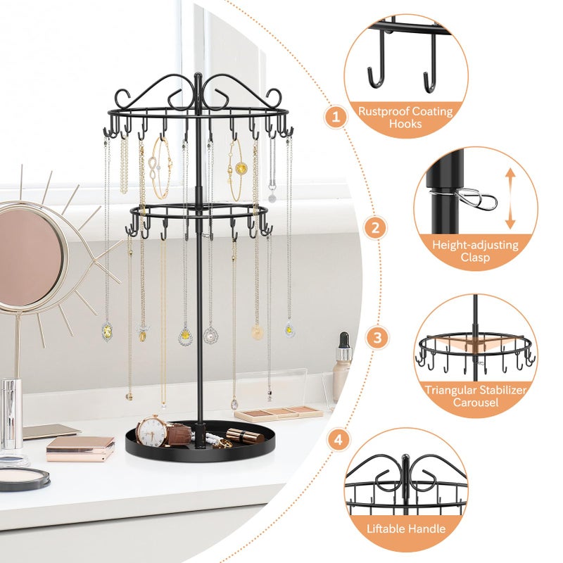 iDavosic.ly 2 Tier Rotating Necklace Organizer with Jewelry Tray, Adjustable Metal Necklace Holder with 42 Hooks, Extra Tall Bracelet Keychain Spinning Display Stand Tree Tower for Women, Black - Image 5