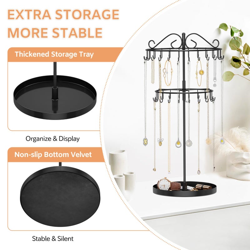 iDavosic.ly 2 Tier Rotating Necklace Organizer with Jewelry Tray, Adjustable Metal Necklace Holder with 42 Hooks, Extra Tall Bracelet Keychain Spinning Display Stand Tree Tower for Women, Black - Image 3