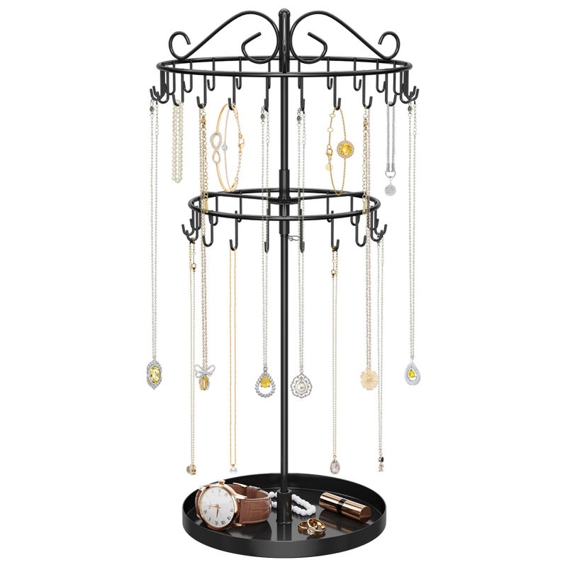 iDavosic.ly 2 Tier Rotating Necklace Organizer with Jewelry Tray, Adjustable Metal Necklace Holder with 42 Hooks, Extra Tall Bracelet Keychain Spinning Display Stand Tree Tower for Women, Black - Image 1