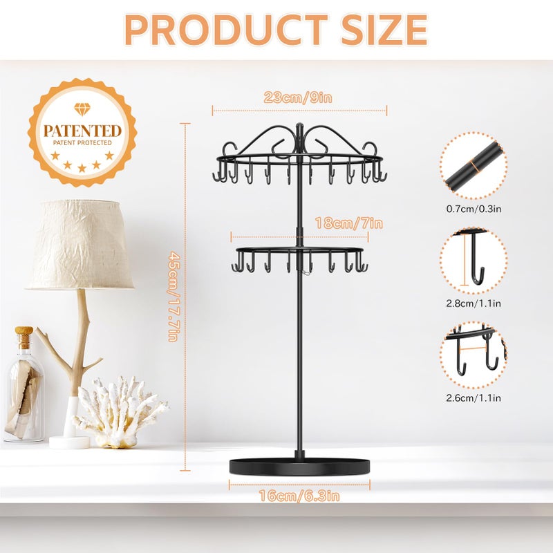 iDavosic.ly 2 Tier Rotating Necklace Organizer with Jewelry Tray, Adjustable Metal Necklace Holder with 42 Hooks, Extra Tall Bracelet Keychain Spinning Display Stand Tree Tower for Women, Black - Image 4