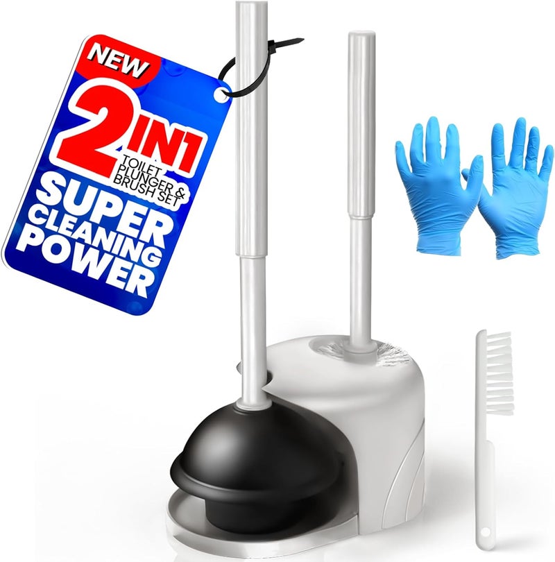 Denvlex 2 in 1 Toilet Brush and Plunger Set, Extended Handle Plunger,Toilet Bowl Brush Plunger Set,Bathroom Cleaning Tools,Cleaning Brush,Cleaning Supplies,Toilet Brush Plunger Combo,Light Grey - Image 1