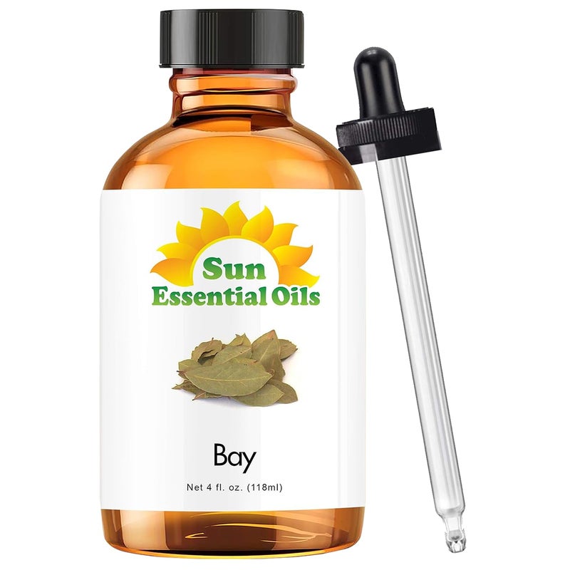 Sun Essential Oils 4 oz Bay Essential Oil with Dropper for Diffuser Massage Therapy Scalp Care Aromatherapy Fresh Scent for Candle Lotion Shampoo Making Room Fragrance