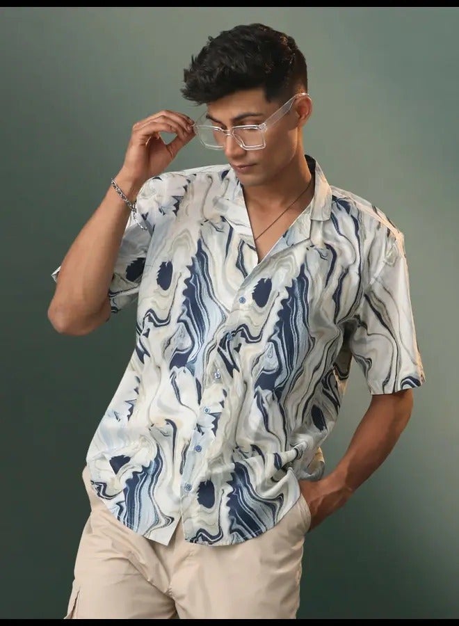 PRASHA Mens Multicolor Base Cream Marble Print Cotton Shirt