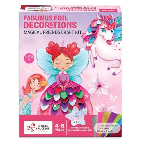 Chalk and Chuckles Fabulous Foil Art and Craft Kit for Kids Age 4-8, 3D DIY Unicorn, Princess & Mermaid Decorations, Birthday Gifts for Girls & Boys 5, 6, 7-9, Creative Mess-Free Activity - Image 1