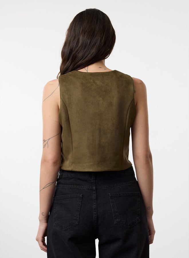 trendyol Dark Green Fitted Buttoned Suede Crop Woven Vest TWOAW24YE00044 - Image 5