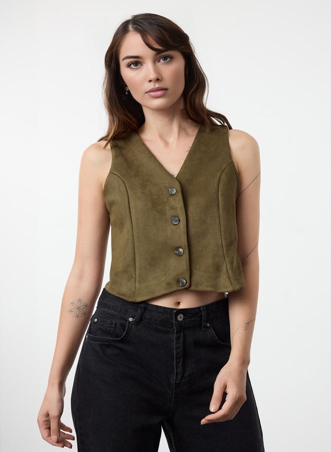 trendyol Dark Green Fitted Buttoned Suede Crop Woven Vest TWOAW24YE00044 - Image 1