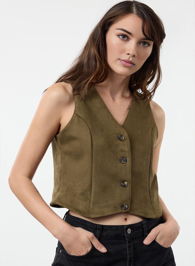 trendyol Dark Green Fitted Buttoned Suede Crop Woven Vest TWOAW24YE00044 - Image 2