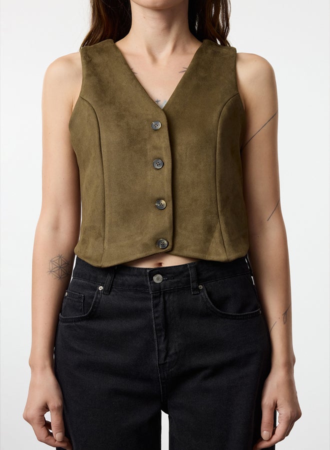trendyol Dark Green Fitted Buttoned Suede Crop Woven Vest TWOAW24YE00044 - Image 3