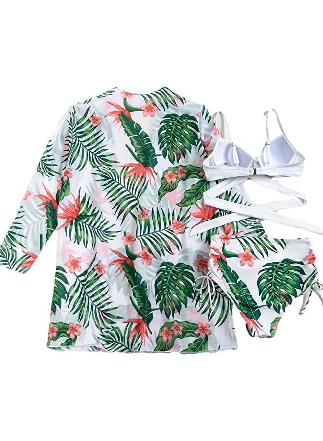 Women Swimsuit, Floral Tropical High Waist Wrap Swimsuit with Beach Kimono Cover Ups, 3 Piece Swimwear Padded Bikini Bathing Suit Set, Fashion for (L) - Image 1