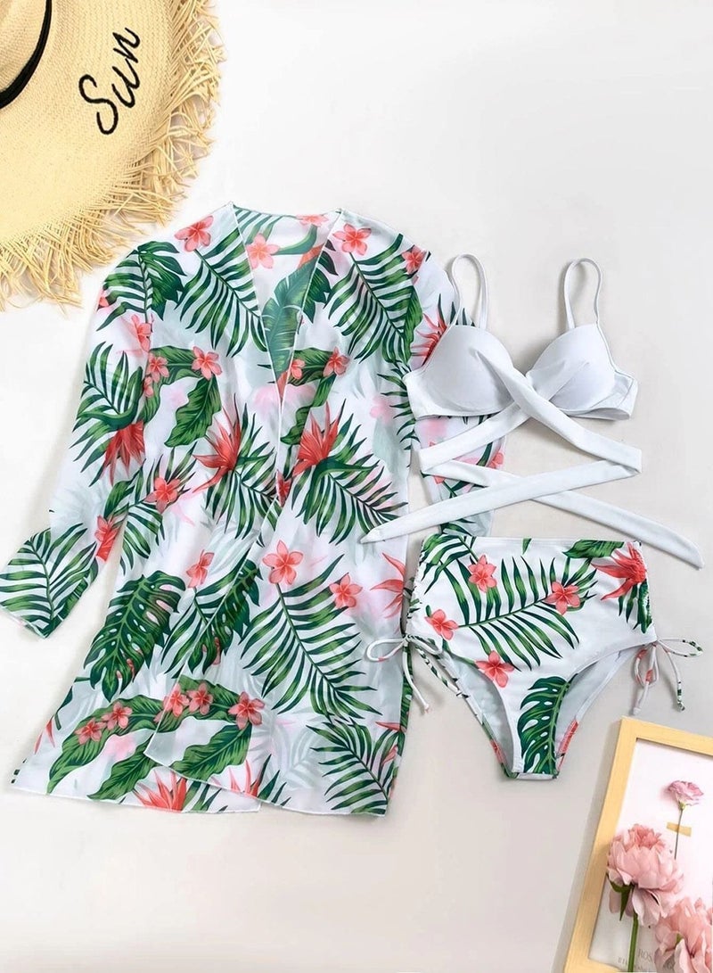 Women Swimsuit, Floral Tropical High Waist Wrap Swimsuit with Beach Kimono Cover Ups, 3 Piece Swimwear Padded Bikini Bathing Suit Set, Fashion for (L) - Image 3