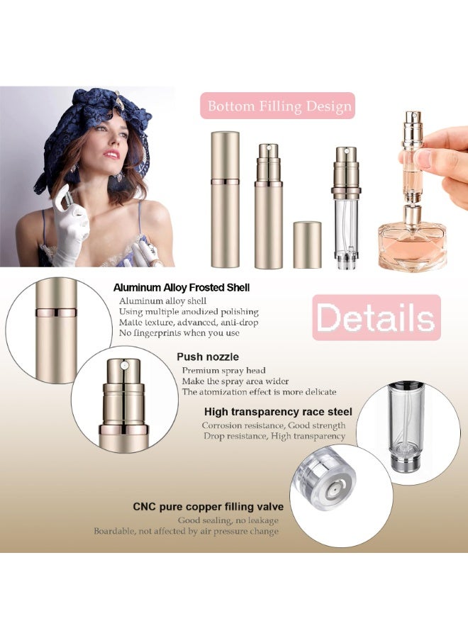 شابية عبوة من 4 زجاجات عطر قابلة لإعادة التعبئة للسفر سعة 5 مل، بخاخ عطر بقاعدة، زجاجة رذاذ صغيرة فارغة، عطر سفر، مستلزمات سفر جيبية، أساسيات السفر في العطلات، موزع كولونيا صغير فارغ، بخاخ جيب، فضي + ذهبي + ذهبي وردي + أسود - Image 2