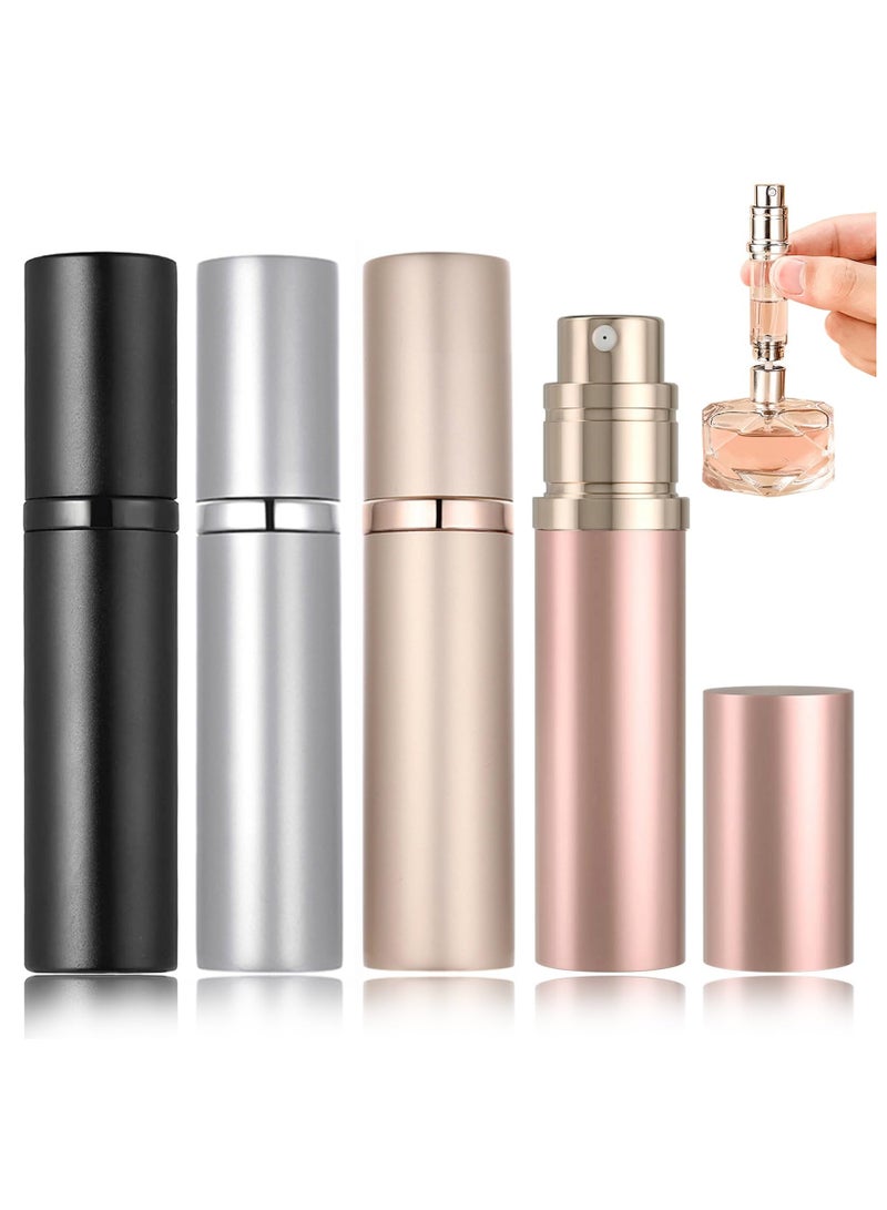 شابية عبوة من 4 زجاجات عطر قابلة لإعادة التعبئة للسفر سعة 5 مل، بخاخ عطر بقاعدة، زجاجة رذاذ صغيرة فارغة، عطر سفر، مستلزمات سفر جيبية، أساسيات السفر في العطلات، موزع كولونيا صغير فارغ، بخاخ جيب، فضي + ذهبي + ذهبي وردي + أسود - Image 1