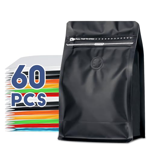 ODDIER Coffee Bags with Valve(60pcs,8 oz,1/2 lb) Vented Coffee Beans Packaging Bags High Barrier Aluminumed Foil Flat Bottom Heat Sealed Side Zipper Resealable Storage Bag for Home or Business（Black） - Image 1