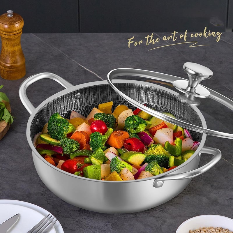 Homodoskey Triply Stainless Steel Extra Deep Cookware with Lid, 26CM Deep Frying Pan,Saute Pan Nonstick Cooking Pot with Handles, Large Skillet, Wok Pan Compatible with All Cooktops, Dishwasher Safe - Image 5
