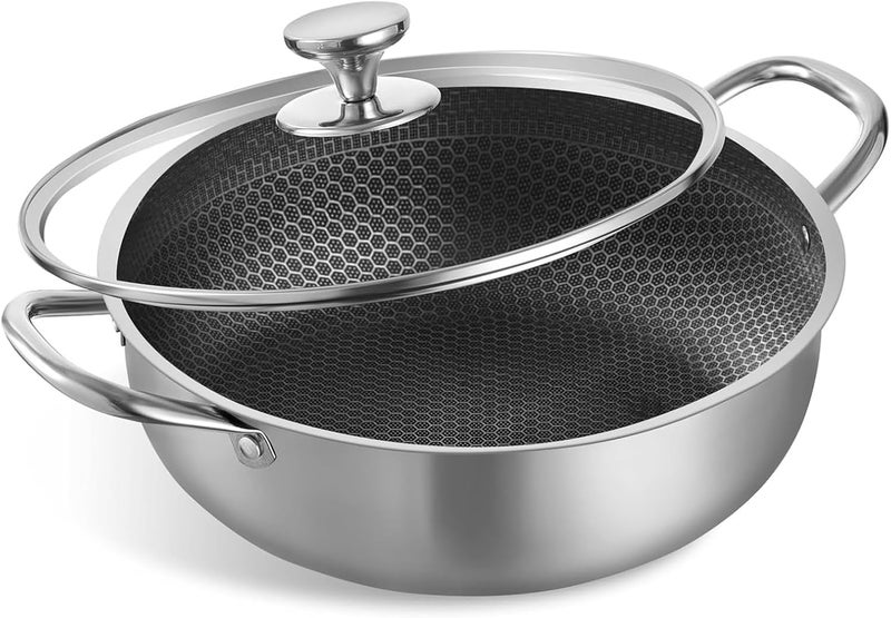 Homodoskey Triply Stainless Steel Extra Deep Cookware with Lid, 26CM Deep Frying Pan,Saute Pan Nonstick Cooking Pot with Handles, Large Skillet, Wok Pan Compatible with All Cooktops, Dishwasher Safe - Image 1