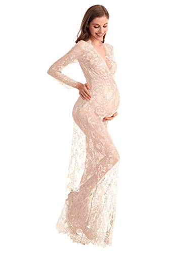 MYRISAM Boudoir Maternity Long Sleeve Lace Dress Women Deep V-Neck Wedding Party Long Dress Milk Bath Photoshoot Gown Beige M - Image 3