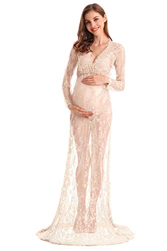MYRISAM Boudoir Maternity Long Sleeve Lace Dress Women Deep V-Neck Wedding Party Long Dress Milk Bath Photoshoot Gown Beige M - Image 1