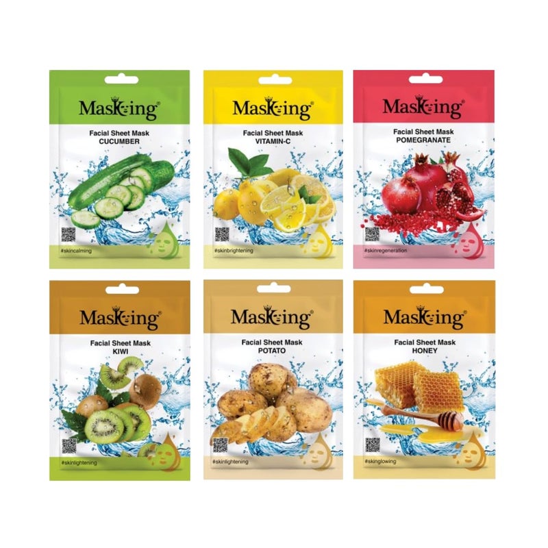 MASKING MasKing Beauty Cucumber VitaminC Pomegranate Kiwi Potato Honey extract Facial sheet mask for glowing and hydrating daily Skin care combo pack of 6  - Image 1