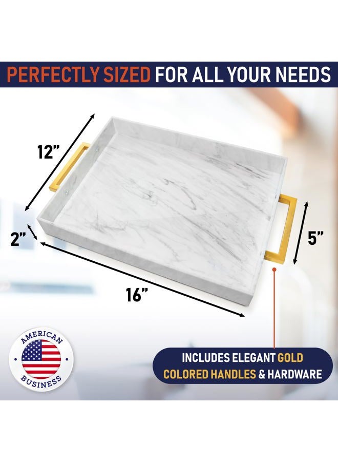 Dasher Products Acrylic Serving Tray with Gold Handles, 16" x 12" Decorative Trays for Coffee Table, Spill Proof Food and Drinks Server, Ottoman Tray for Countertop, Kitchen, Vanity, Serving Party Platter (Marble) - Image 2