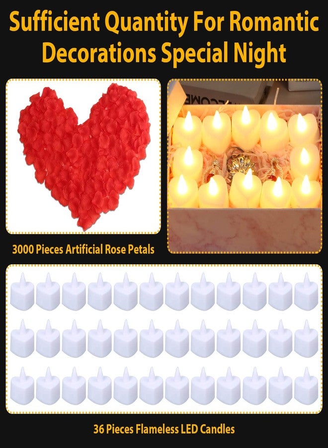 Caffox 3000Pcs Rose Petals with 36Pcs LED Tea Lights Candles, Rose Petals for Romantic Night for Her Set, Romantic Decorations for Special Night, Valentine's Day, Wedding, Anniversary Decorations - Image 3