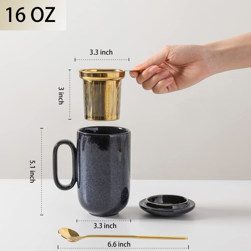 vicrays Ceramic Tea Cup Mug Infuser - VICRAYS Large 16 oz Hot Loose Steeping Handle Teacup with Leaf Infuser Spoon Lid - Blue Tall Glazed Strainer Coffee Mug Microwave Safe - Blue - Image 4