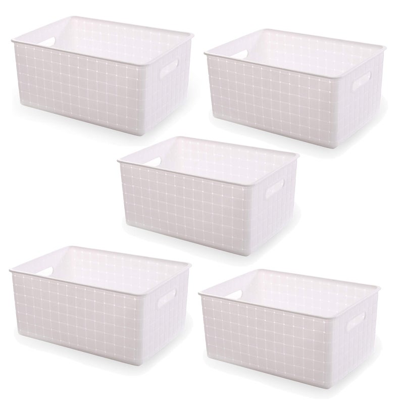BINO Plastic Basket, Medium - White, 4 Pack, THE STABLE COLLECTION, Multi-Use Storage Basket, Rectangular Cabinet Organizer, Baskets for Organizing with Handles, Home & Office Storage Organizer - Image 1