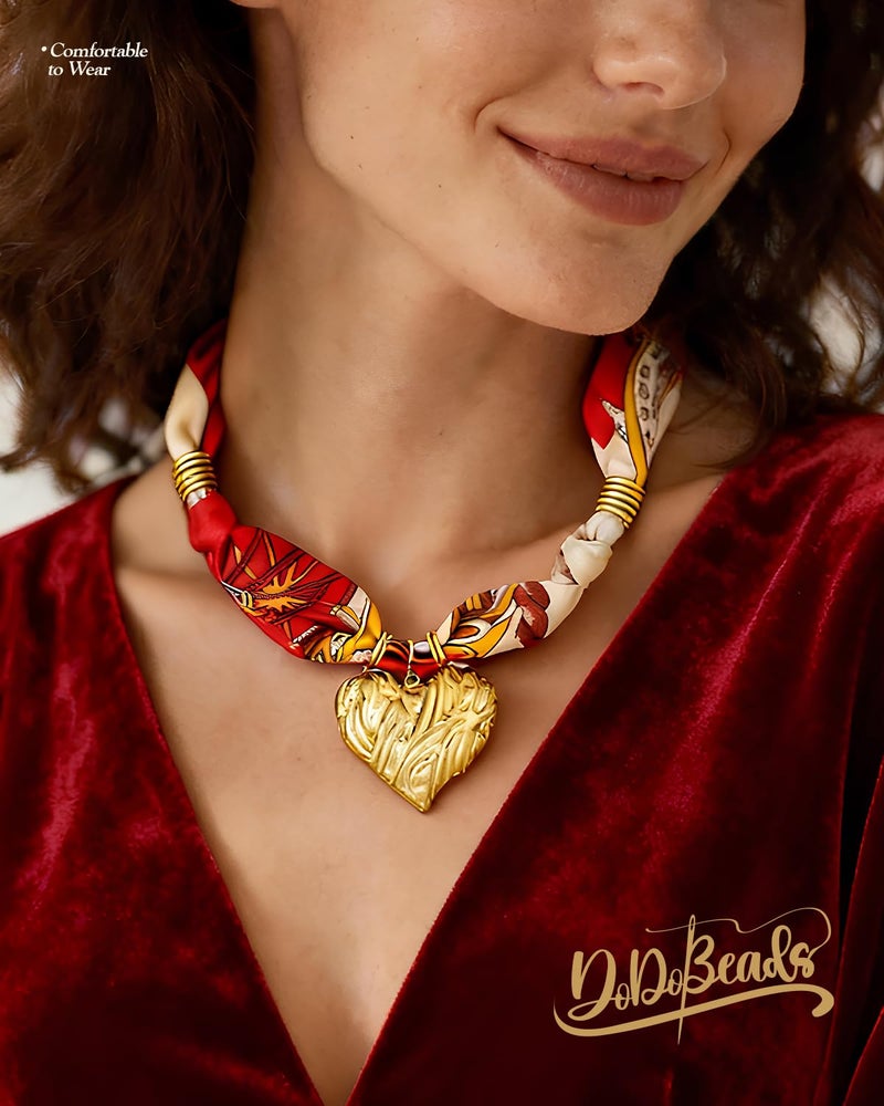 DoDoBeads Scarf Charm Necklace â€“ Golden Heart â€“ Red Vintage Scarf Necklace with Sculpted Stainless Steel Heart Pendant - Image 2