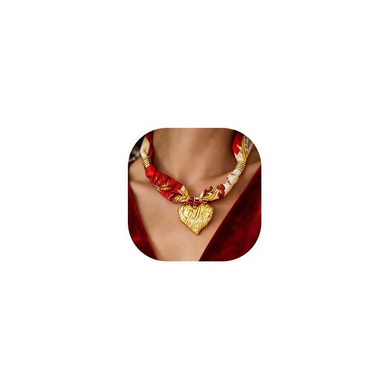 DoDoBeads Scarf Charm Necklace â€“ Golden Heart â€“ Red Vintage Scarf Necklace with Sculpted Stainless Steel Heart Pendant - Image 1