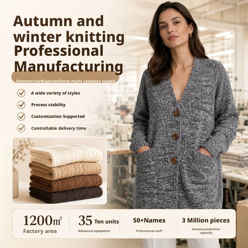 Women's Wool Blend V-Neck Single-Breasted Long Cardigan - Image 1