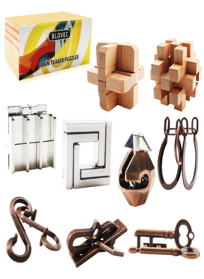 Blovec 9PCS Brain Teaser Puzzles for Adults, Mind Puzzle Ancient Wooden and Metal Puzzles 3D Unlock Interlock IQ Puzzle Box Game for Adults - Image 1