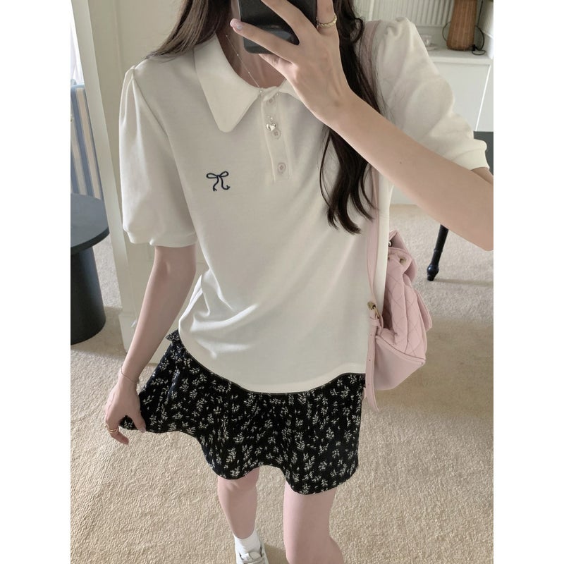 Pearl Doll Collar Bow Embroidered Short-Sleeved T-Shirt Women'S Summer Loose Slimming Korean Style Half-Sleeved Top Trendy - Image 3