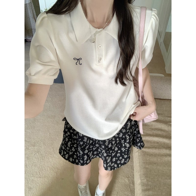 Pearl Doll Collar Bow Embroidered Short-Sleeved T-Shirt Women'S Summer Loose Slimming Korean Style Half-Sleeved Top Trendy - Image 2