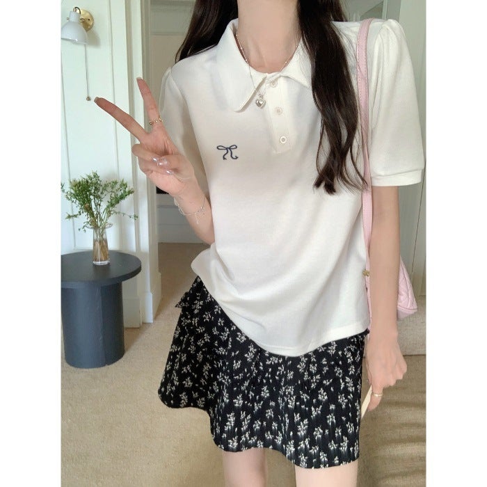 Pearl Doll Collar Bow Embroidered Short-Sleeved T-Shirt Women'S Summer Loose Slimming Korean Style Half-Sleeved Top Trendy - Image 1