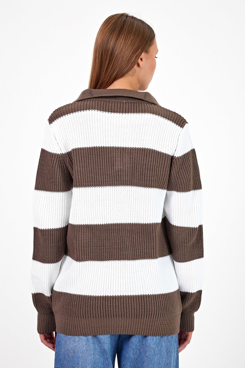 Cool Style Women Striped Comfort V Polo Neck Sweater
