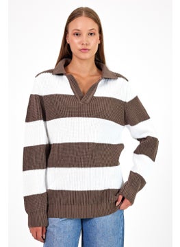 Cool Tarz Cool Style Women Striped Comfort V Polo Neck Sweater  - Image 1