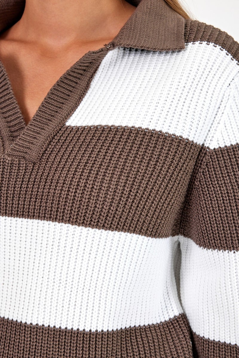 Cool Style Women Striped Comfort V Polo Neck Sweater