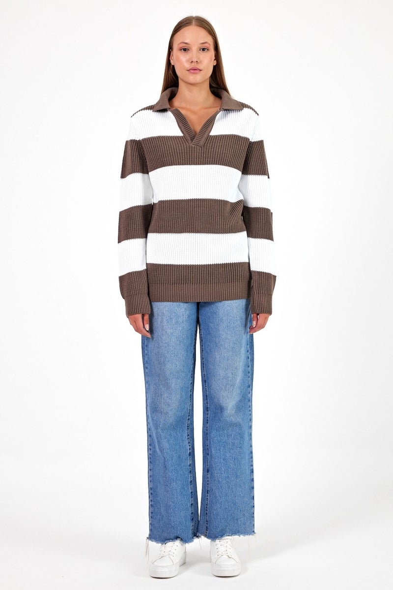 Cool Style Women Striped Comfort V Polo Neck Sweater