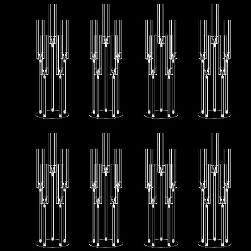 Cherocito 8 Set 26.8'' Tall Acrylic Candelabra Centerpieces for Wedding Table Decorations,Clear 5 Arms Candlesticks Holder with Acrylic Shade for Candlelight Dinner Party Fireplace Gift Fit LED Candle - Image 1