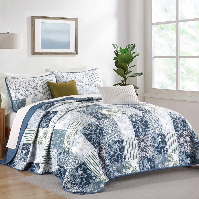 Drucon Quilt Set King Size, Blue White Patchwork Pattern Summer Bedspread Bedding Set, 3 Pieces Soft Lightweight Plaid Coverlet with 2 Pillow Shams for All Season 104x90 Inch - Image 2