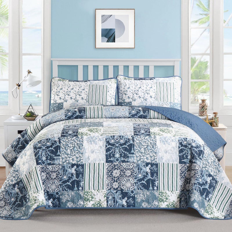 Drucon Quilt Set King Size, Blue White Patchwork Pattern Summer Bedspread Bedding Set, 3 Pieces Soft Lightweight Plaid Coverlet with 2 Pillow Shams for All Season 104x90 Inch - Image 1