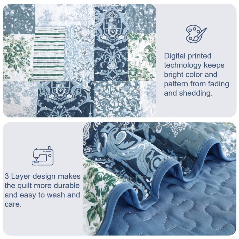Drucon Quilt Set King Size, Blue White Patchwork Pattern Summer Bedspread Bedding Set, 3 Pieces Soft Lightweight Plaid Coverlet with 2 Pillow Shams for All Season 104x90 Inch - Image 4