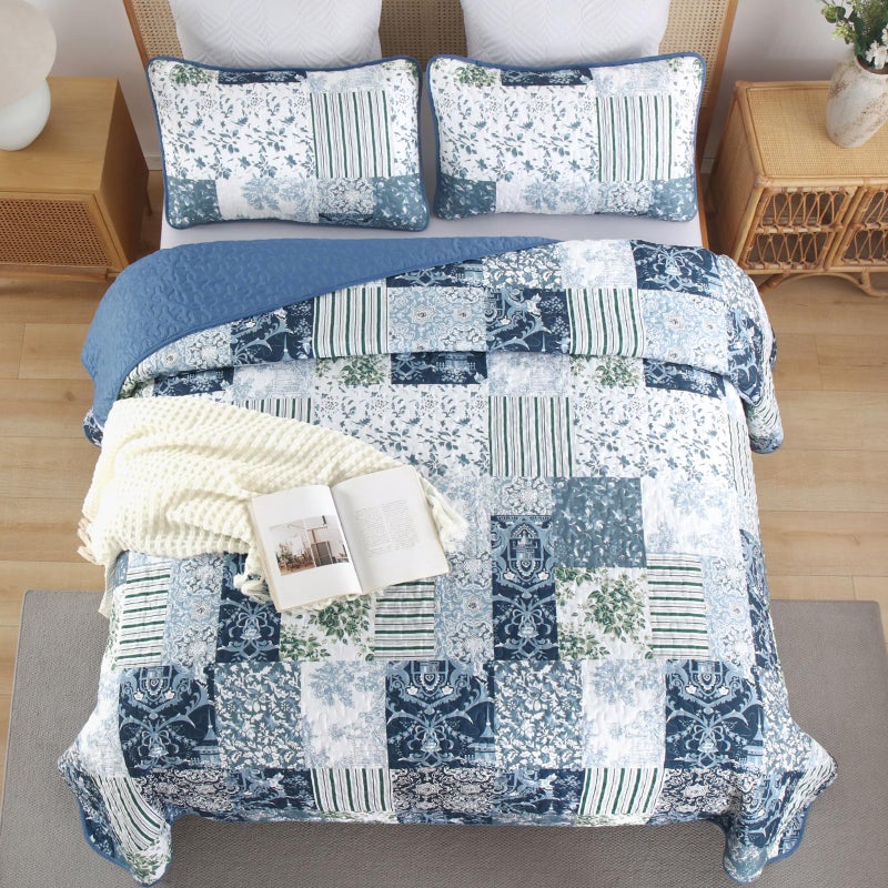 Drucon Quilt Set King Size, Blue White Patchwork Pattern Summer Bedspread Bedding Set, 3 Pieces Soft Lightweight Plaid Coverlet with 2 Pillow Shams for All Season 104x90 Inch - Image 3