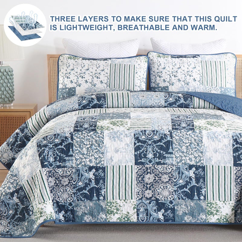 Drucon Quilt Set King Size, Blue White Patchwork Pattern Summer Bedspread Bedding Set, 3 Pieces Soft Lightweight Plaid Coverlet with 2 Pillow Shams for All Season 104x90 Inch - Image 5