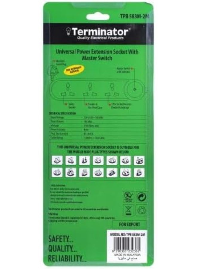 Terminator 3-way universal power extension socket with master switch, LED indicator, 2M cable, and 13A fused plug - Image 3