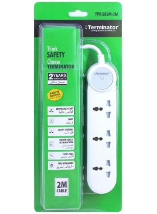 Terminator 3-way universal power extension socket with master switch, LED indicator, 2M cable, and 13A fused plug - Image 2