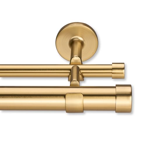 MODE Cambria Designer Series Premium 6 foot Custom Double Curtain Rod 118 inch Large Diameter NonAdjustable for a Seamless Look Premium Designer Brackets and End Caps Brushed Gold Finish - Image 1