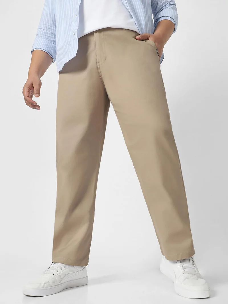 Urbano Plus Men's Beige Cotton Regular Fit Casual Chinos Trousers Stretch