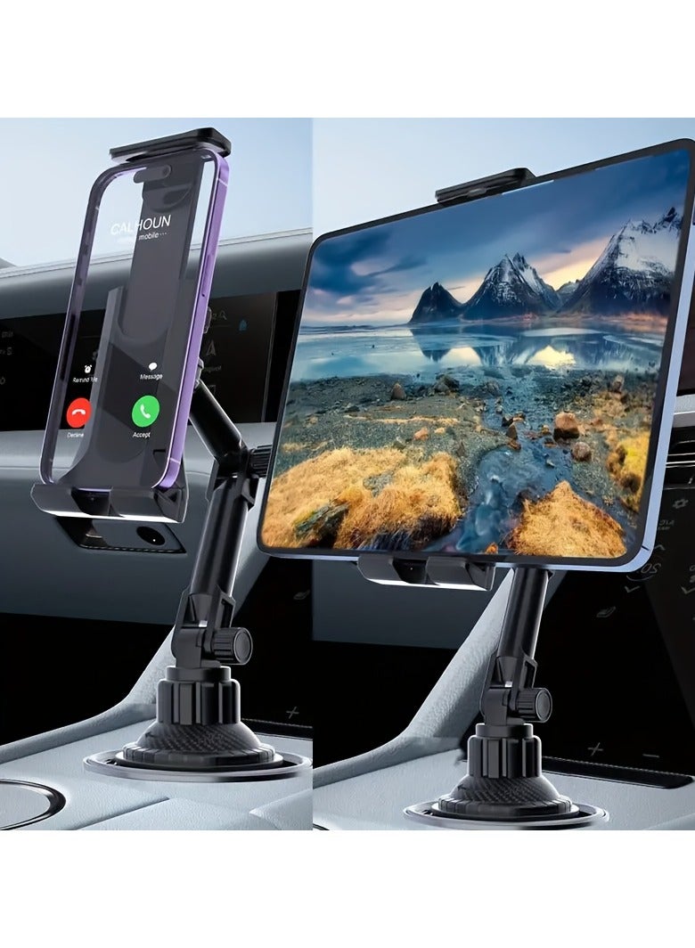 AROAQ Adjustable Car Cup Holder Mount for Tablets and Smartphones, Heavy-Duty Base, Fits 10.16-33.02 cm Tablets, for iPad Mini/Air/Pro, iPhone, and All Phones, ABS Material, Waterproof, Rotatable, Vehicle Compatible - Image 1